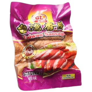 Premium Taiwan sausages from GL Foods Industries frozen food supplier in purple wrapper